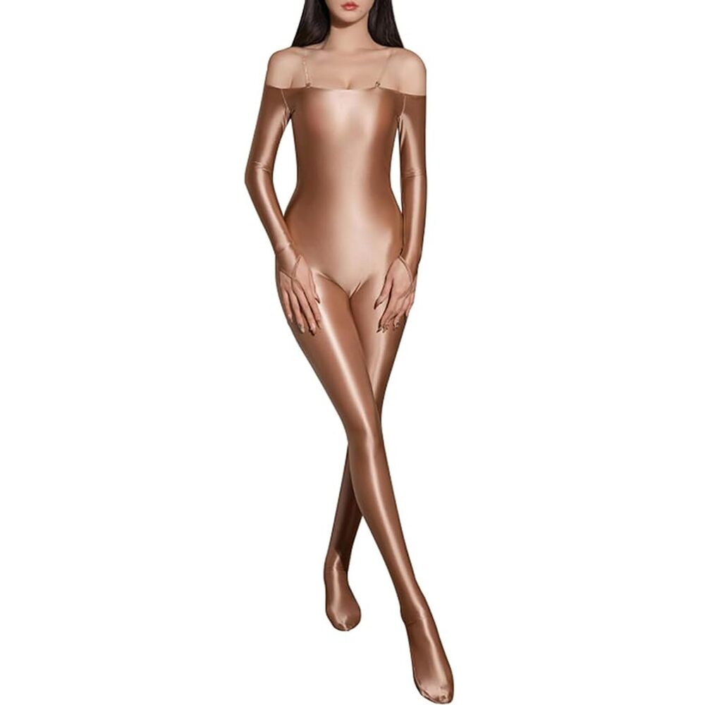 2490 Sexy Glossy Shiny Off Shoulder Long Sleeve Bodystocking Footed
